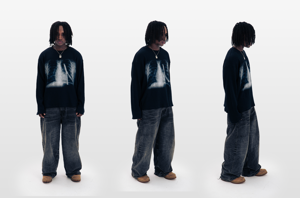 "XRAY" WAFFLE KNIT LONGSLEEVE BLACK