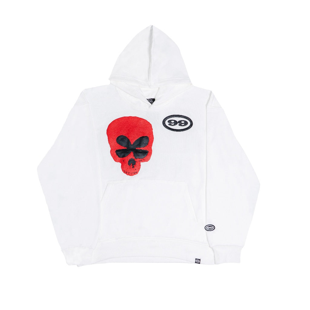 "FEELING LUCKY" SKULL OVERSIZED HOODIE WHITE/RED