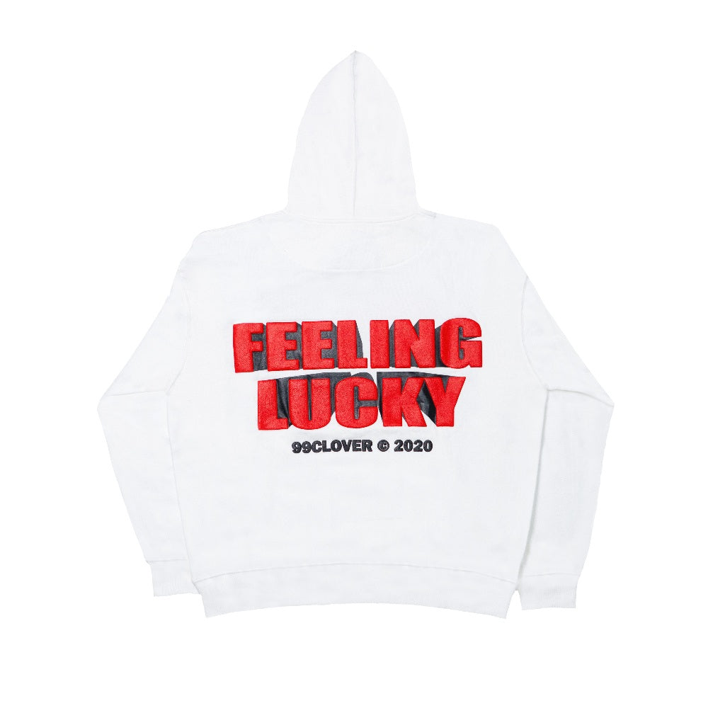 "FEELING LUCKY" SKULL OVERSIZED HOODIE WHITE/RED
